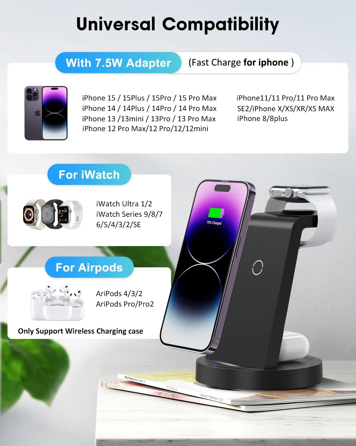 3 in 1 Charging Station for Apple Device, Wireless Charger for iPhone 16 15 14 13 12 11 Pro Max & Apple Watch iwatch- Charging Stand Dock for AirPods