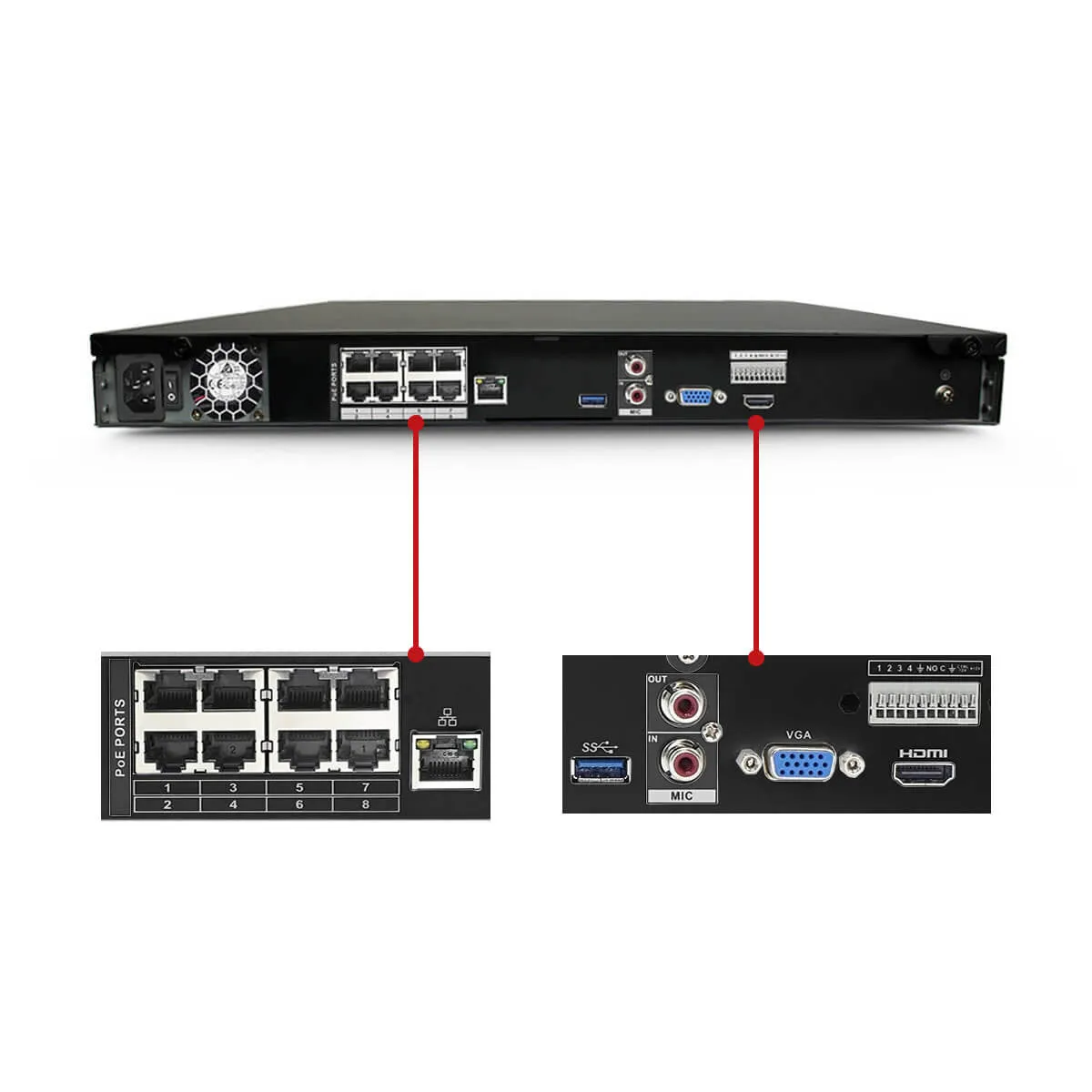 8 Channel 1U NVR - Integrated 8 Port POE Switch - Supports 8MP Resolution - 128Mbps Throughput - H.265 - Up To 16TB