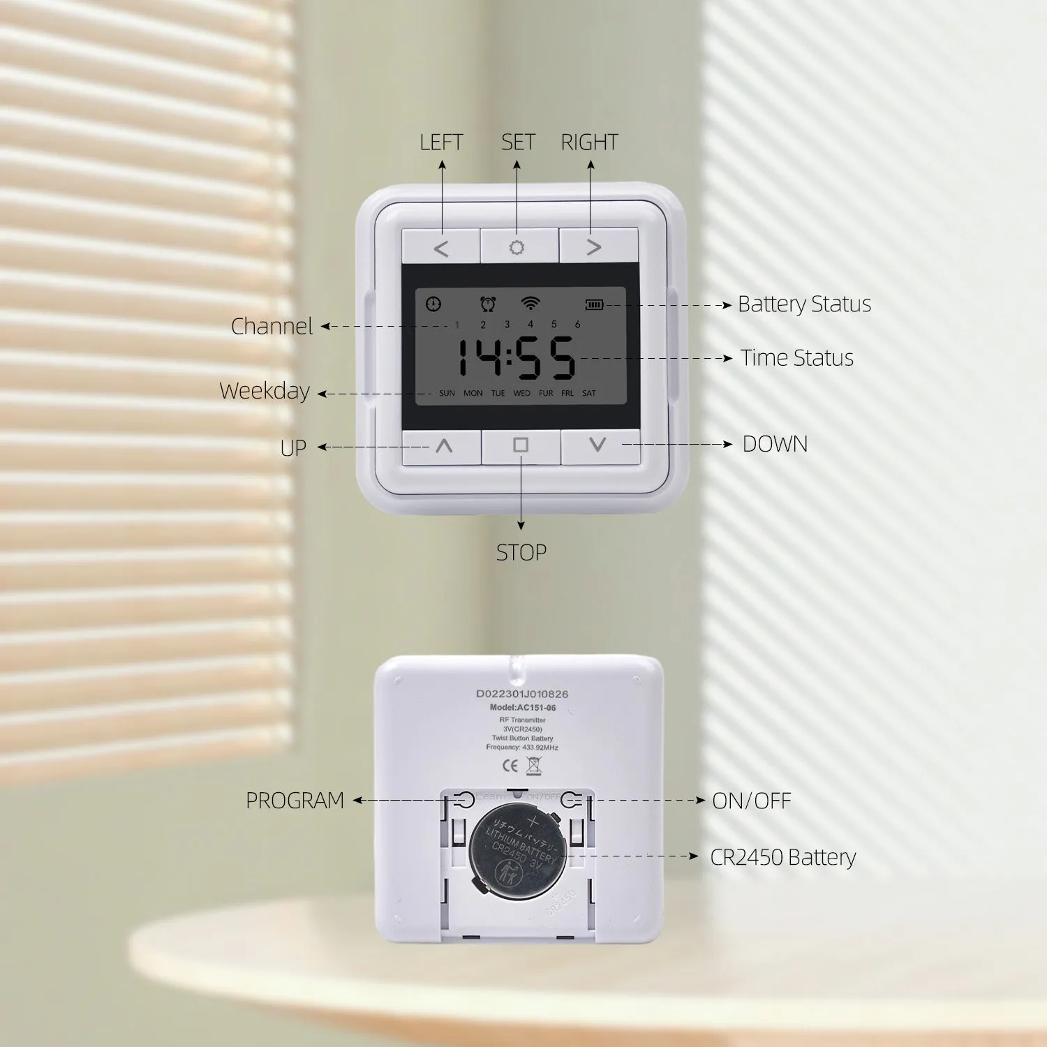 AC151-06 Timer 6 Channels 433M Remote Control For Motorized Shade/Blinds/Shutter