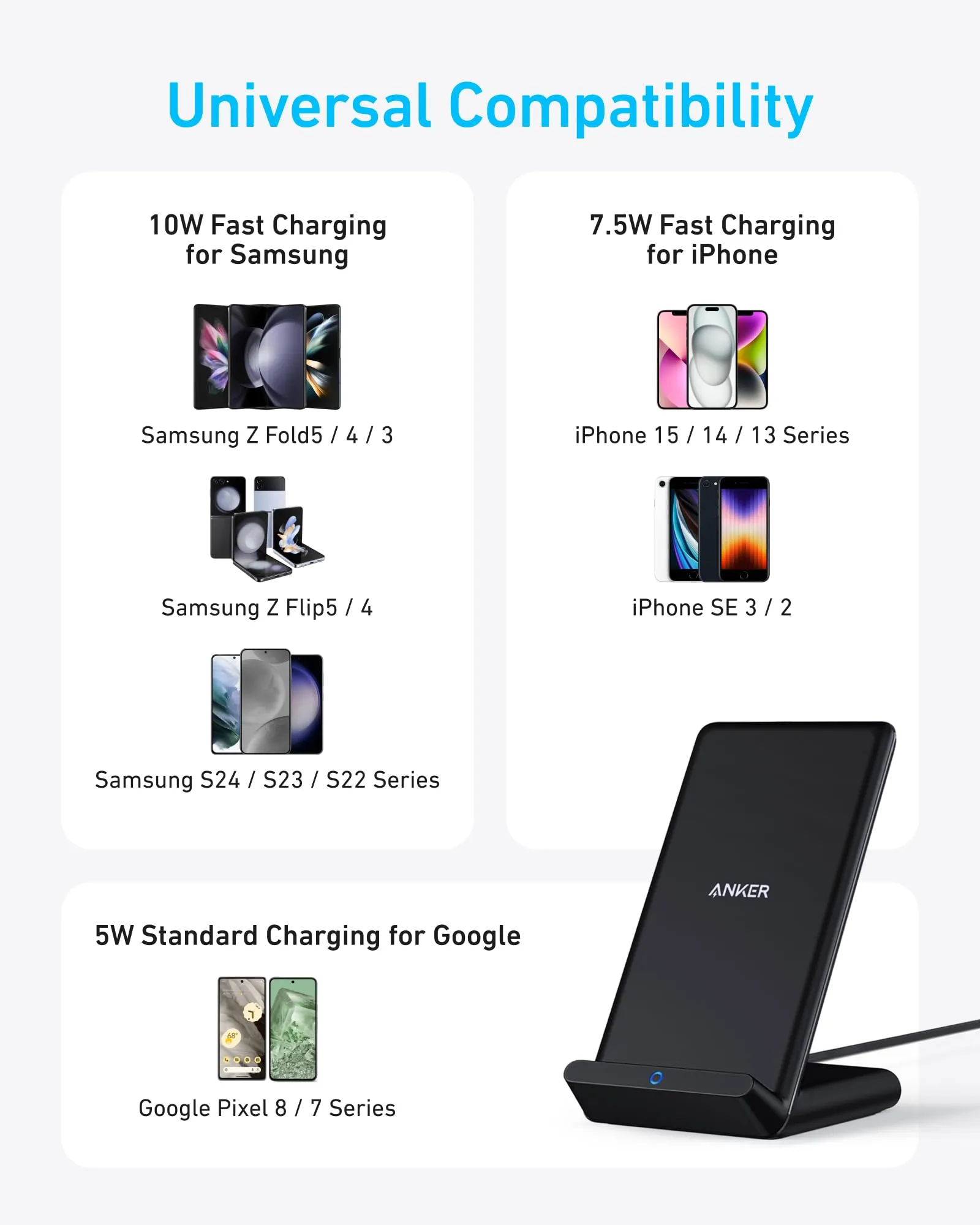 Anker 313 Wireless Charging Stand, Qi-Certified for iPhone 16/16 Pro/16 Pro Max/15/14/13, 10W Fast Charging for Galaxy S23/S22/S21 (No AC Adapter)