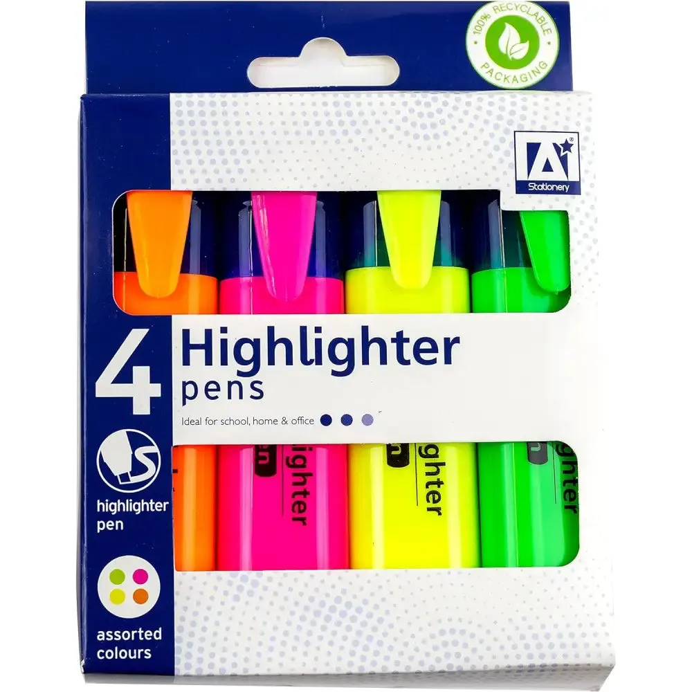 Anker Stationery Highlighter Pens - Assorted Colours 4pk