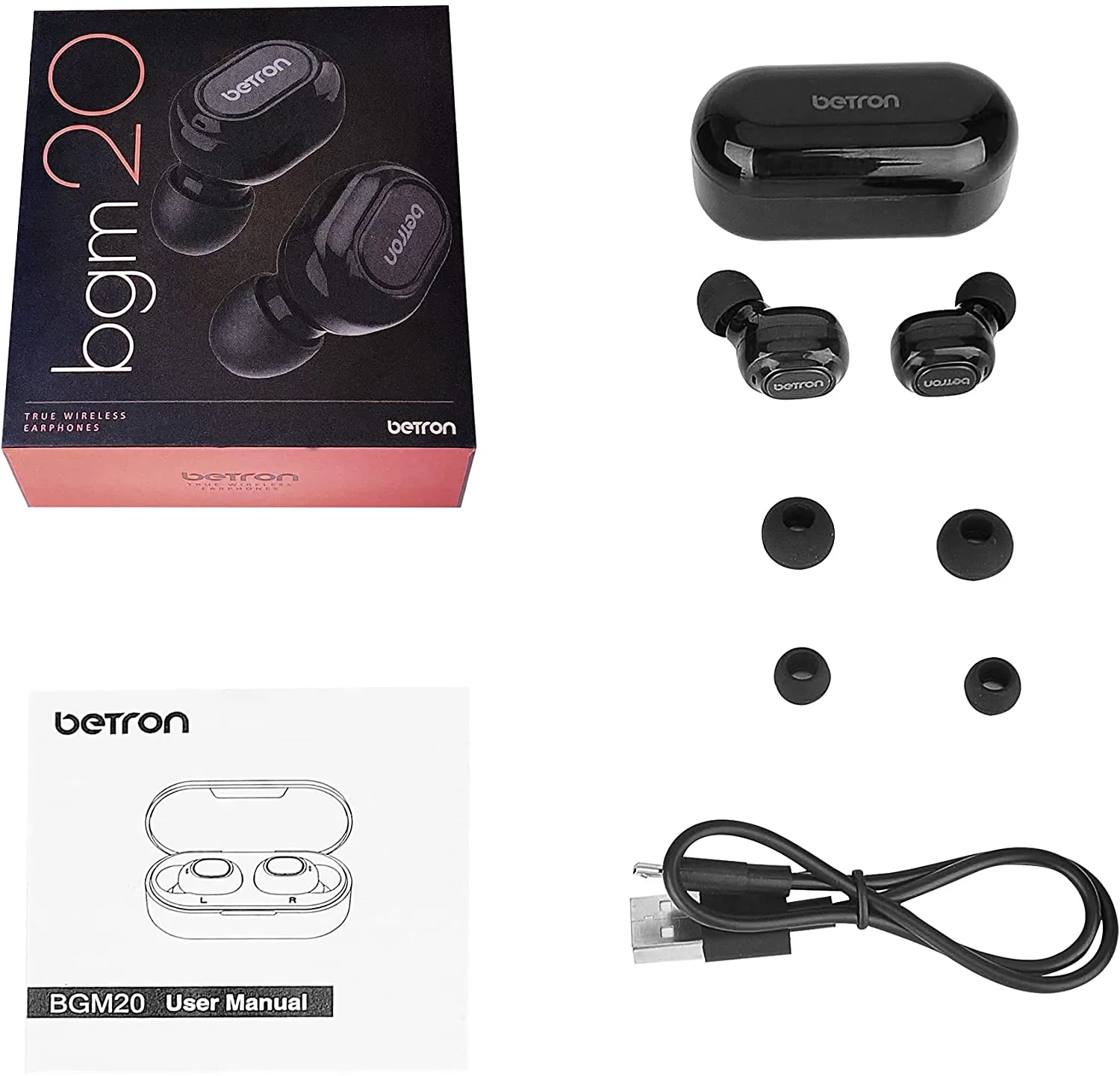 Betron BGM20 Wireless In Ear Headphones Earbuds Bluetooth TWS Earphones with Microphone and Deep Bass Compatible with Smartphones, Stereo