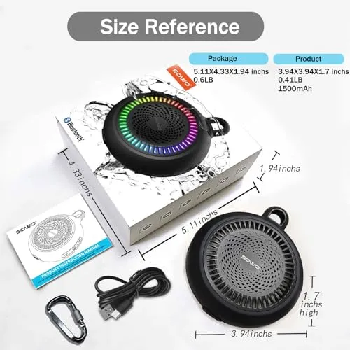 Bluetooth Shower Speaker Waterproof | Small Portable Bluetooth Speaker Wireless with Clip | Powerful Bass and Louder Volume | Colorful Lights and Lightweight | with TWS Pairing | Black