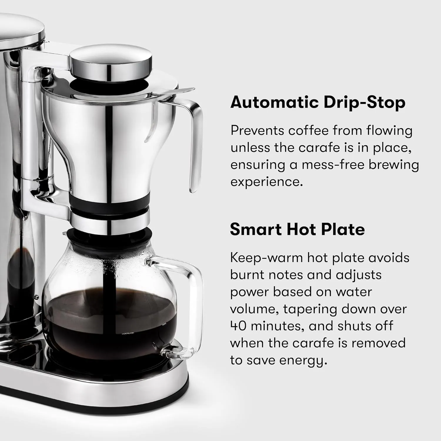 Coffee Maker - Electric Drip Filter Coffee Brewer, Stainless Steel, Glass Carafe, Smart Hot Plate, 10 Cup Capacity, 250 Ml