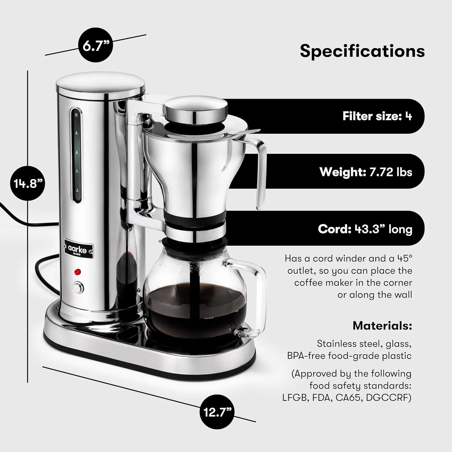 Coffee Maker - Electric Drip Filter Coffee Brewer, Stainless Steel, Glass Carafe, Smart Hot Plate, 10 Cup Capacity, 250 Ml