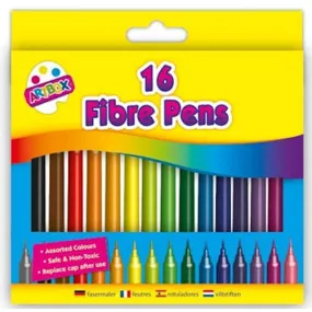 Fibre Colouring Pens - 16 Pack Bright Colours Art Drawing School Supplies