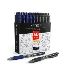 Gel Pens | Set of 30 Roller Ball Bullet Journal Pens | 15 Black & 15 Blue | Quick-Drying Ink | Fine Point