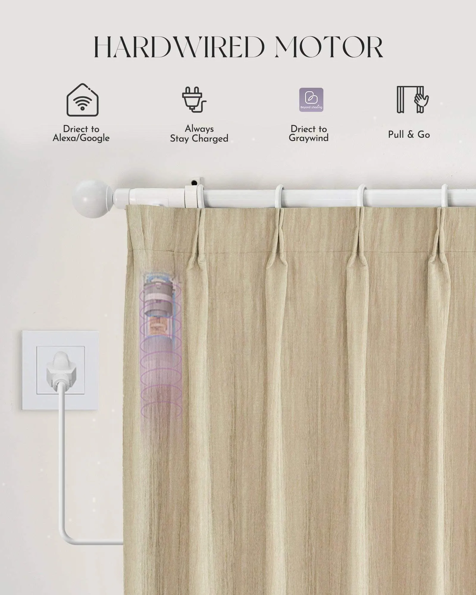 Graywind Hardwired Smart Curtain with Roman Rod | Light Filtering- Satin Series | Customizable