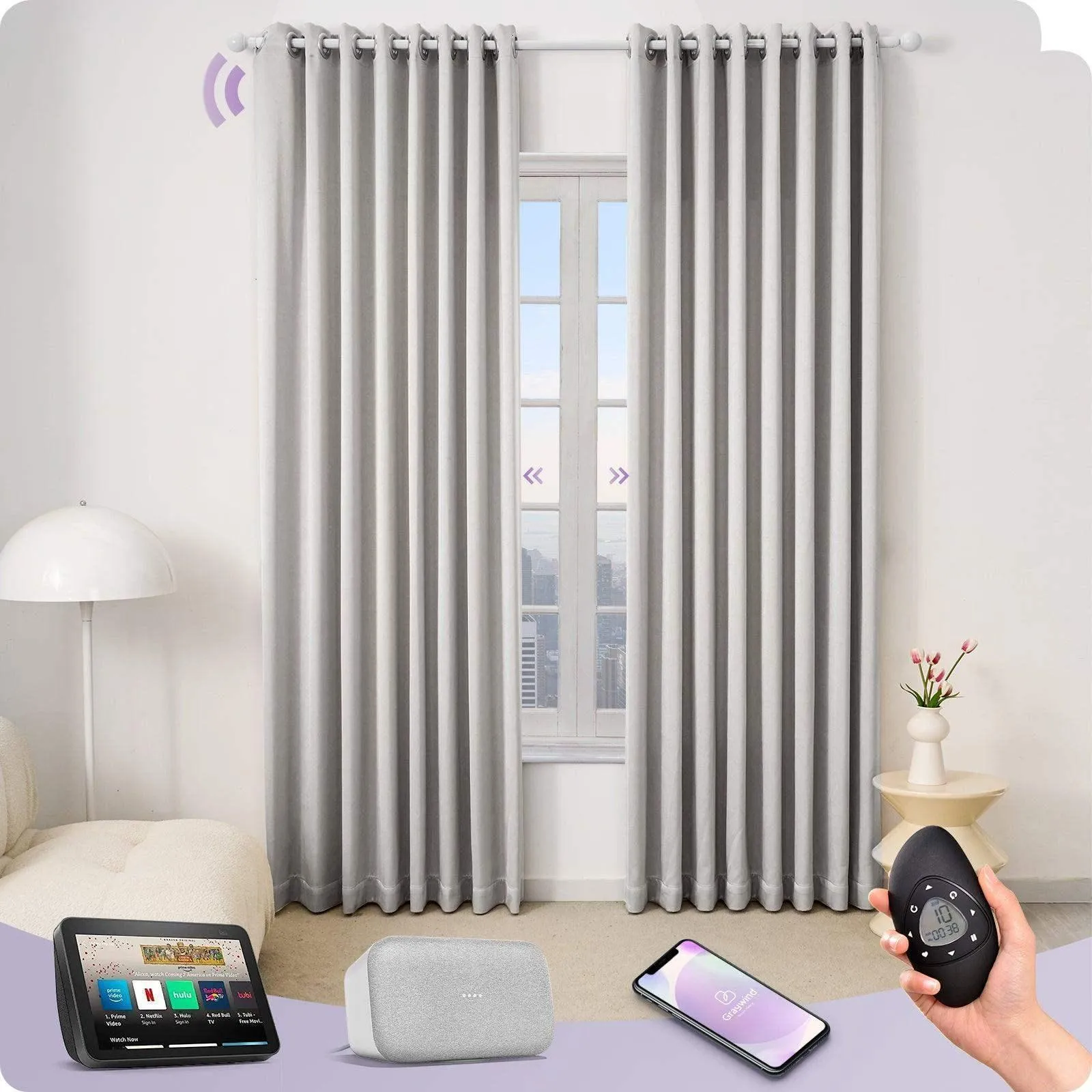 Graywind Rechargeable Smart Curtain with Roman Rod | Light Filtering- Satin Series | Customizable