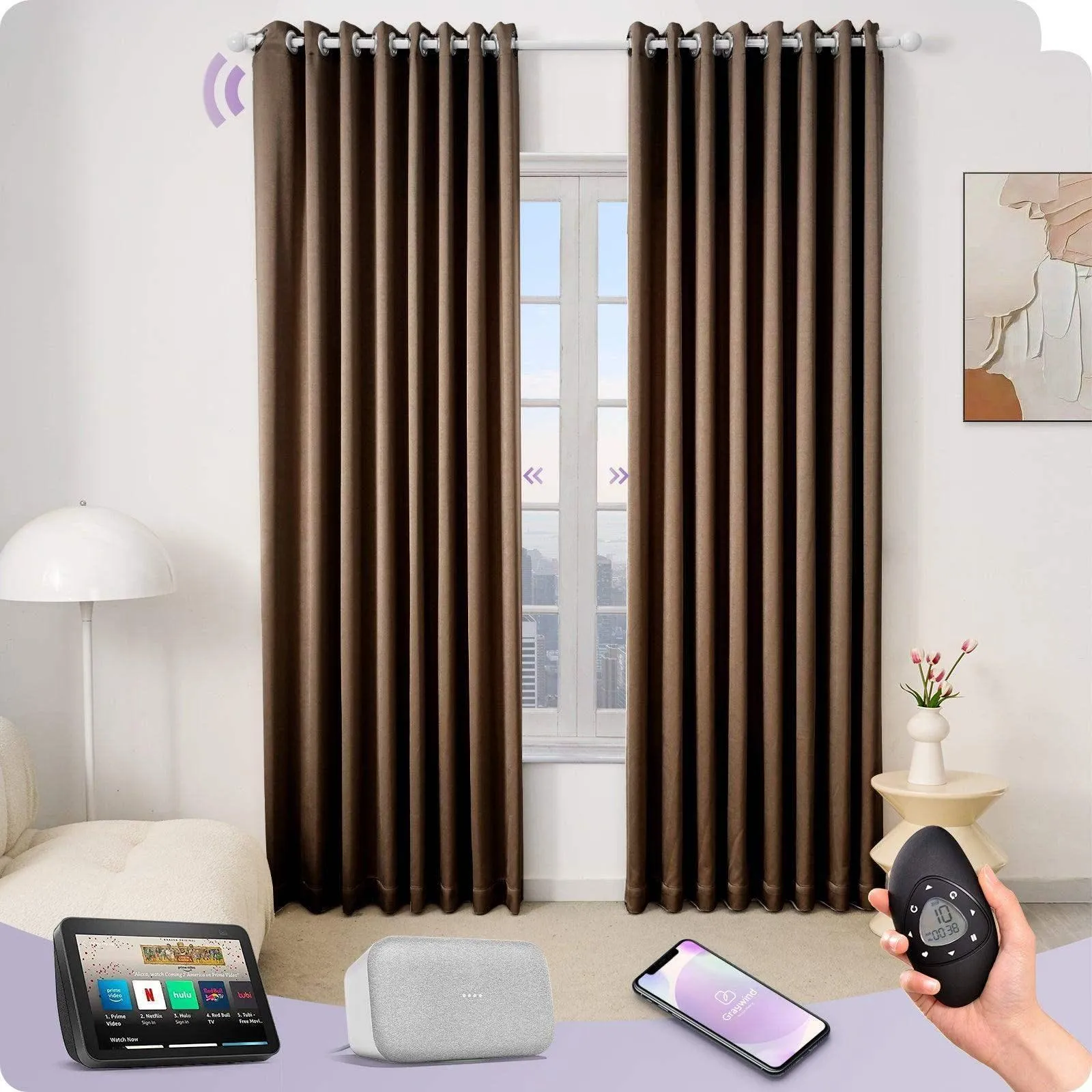 Graywind Rechargeable Smart Curtain with Roman Rod | Light Filtering- Satin Series | Customizable