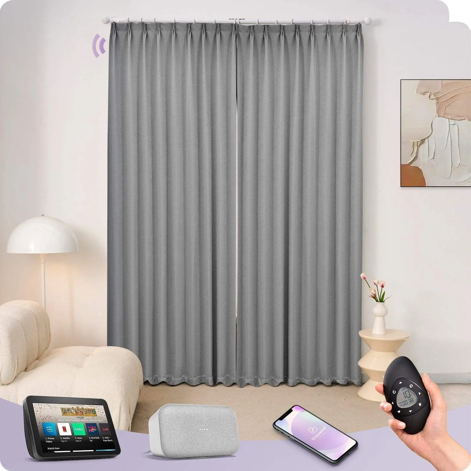 Graywind Rechargeable Smart Curtain with Roman Rod | Light Filtering- Satin Series | Customizable