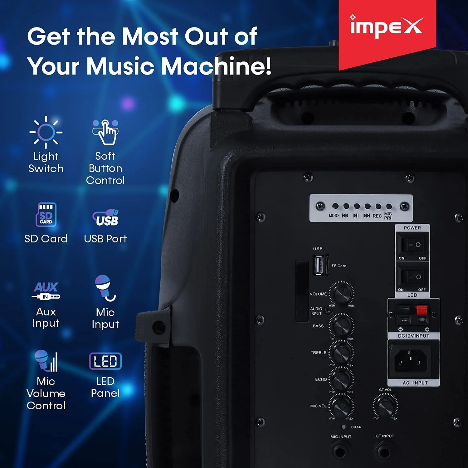 Impex ST 80A 55W Rechargeable 2.0 Multimedia Trolley Speaker System with Wireless Connectivity USB/SD/FM Function Wireless Mic LED Light