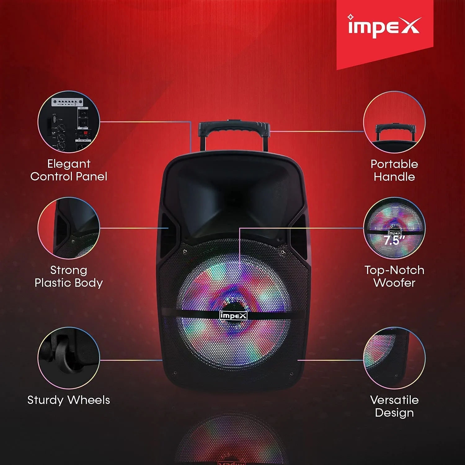 Impex ST 80A 55W Rechargeable 2.0 Multimedia Trolley Speaker System with Wireless Connectivity USB/SD/FM Function Wireless Mic LED Light