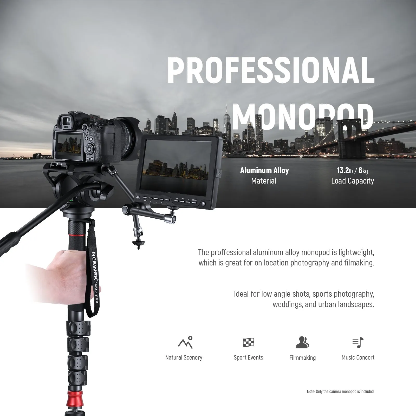 NEEWER 179cm GM76 Professional Camera Monopod With Fluid Head