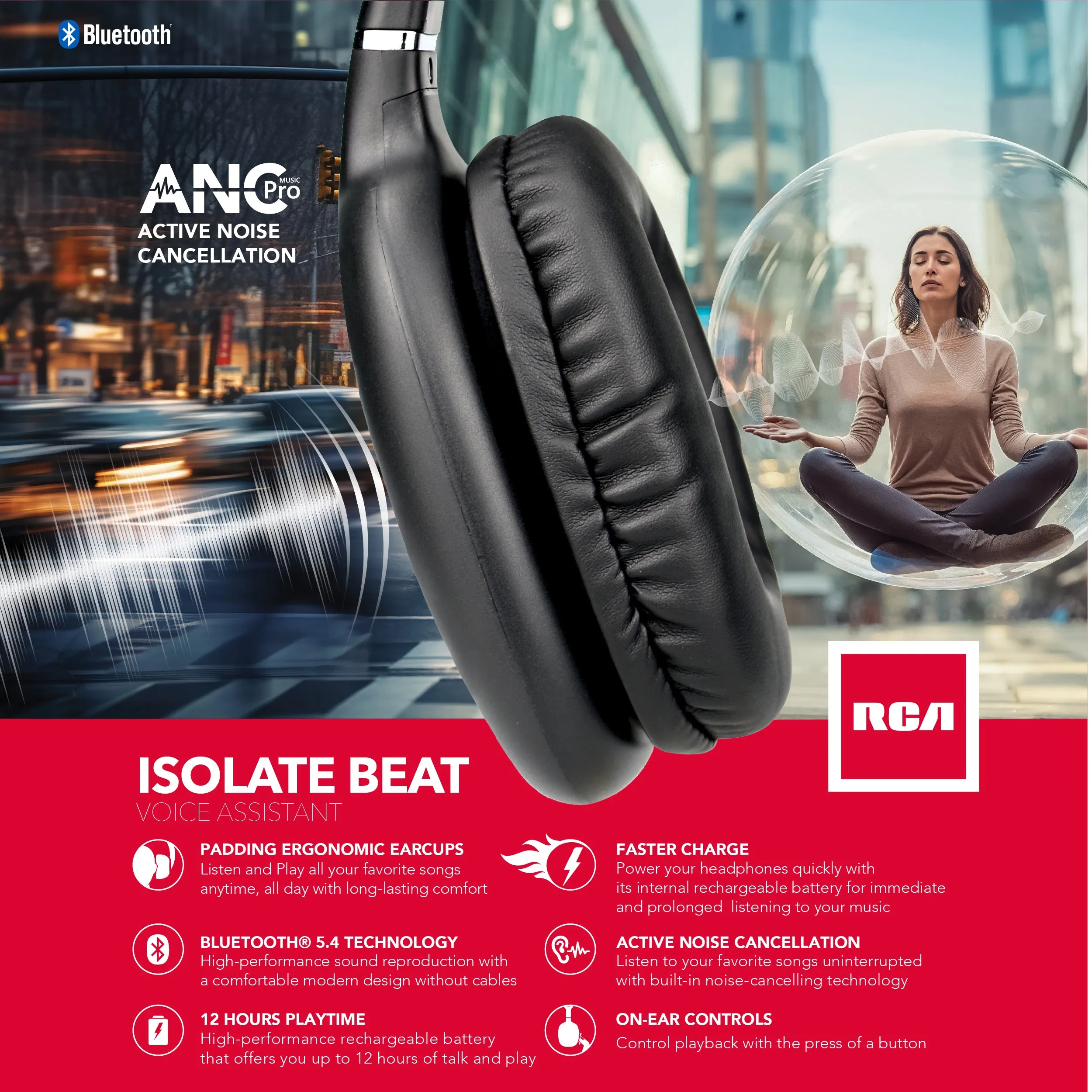 RCA Wave-53 Active Noise Cancelling Headphones, 40H Playtime, Hi-Res Audio