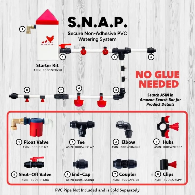 RentACoop Float Valve Kit Compatible with S.N.A.P PVC Watering System for Chickens, Poultry, and Other Animals