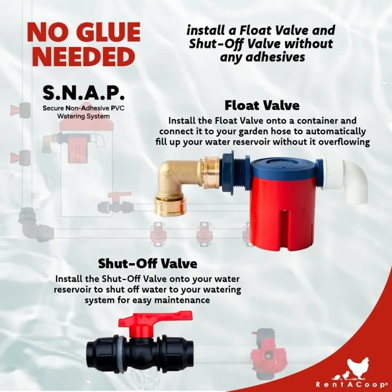 RentACoop Float Valve Kit Compatible with S.N.A.P PVC Watering System for Chickens, Poultry, and Other Animals