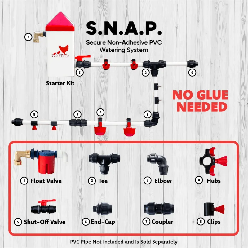 RentACoop Secure Non-Adhesive PVC (S.N.A.P) Watering System S.N.A.P Clips and Hubs Pack of 6 for Chickens, Quail, and Poultry