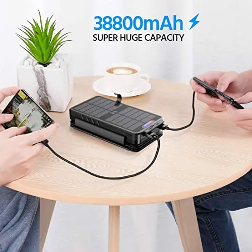 Solar Charger 38800mAh Solar Power Bank with Dual 5V3.1A Outputs 10W Qi Wireless Charger Waterproof Built-in Solar Panel and Bright Flashlights