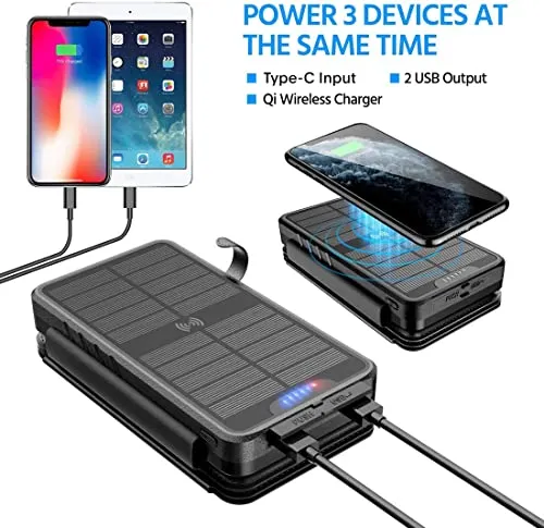 Solar Charger 38800mAh Solar Power Bank with Dual 5V3.1A Outputs 10W Qi Wireless Charger Waterproof Built-in Solar Panel and Bright Flashlights