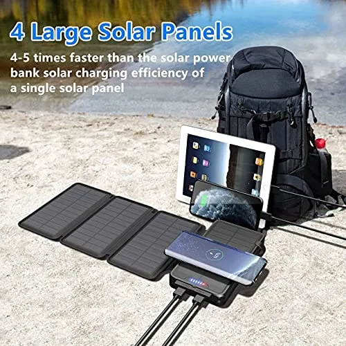 Solar Charger 38800mAh Solar Power Bank with Dual 5V3.1A Outputs 10W Qi Wireless Charger Waterproof Built-in Solar Panel and Bright Flashlights