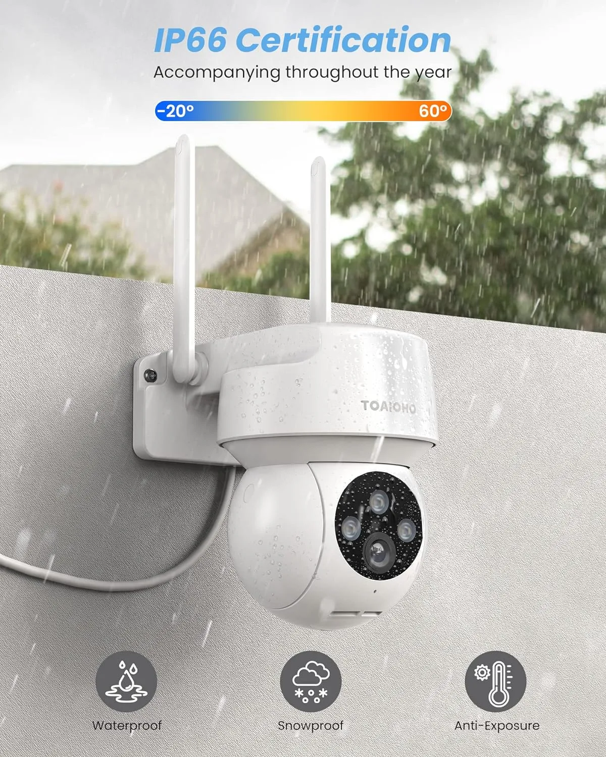 TOAIOHO 2K Outdoor Security Camera with Color Night Vision, Motion Detection and Alarm, 2-Way Talk, IP66 Waterproof, 360°Viewing, 2.4G