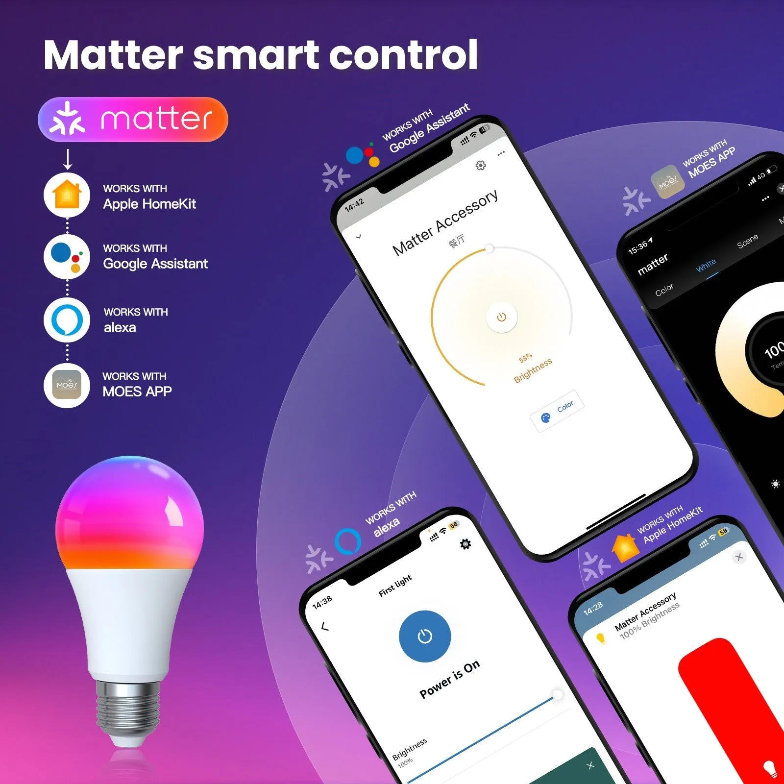 Tuya Matter WiFi Smart LED E27 Dimmable Light Bulbs RGB 2700K-6500K W C